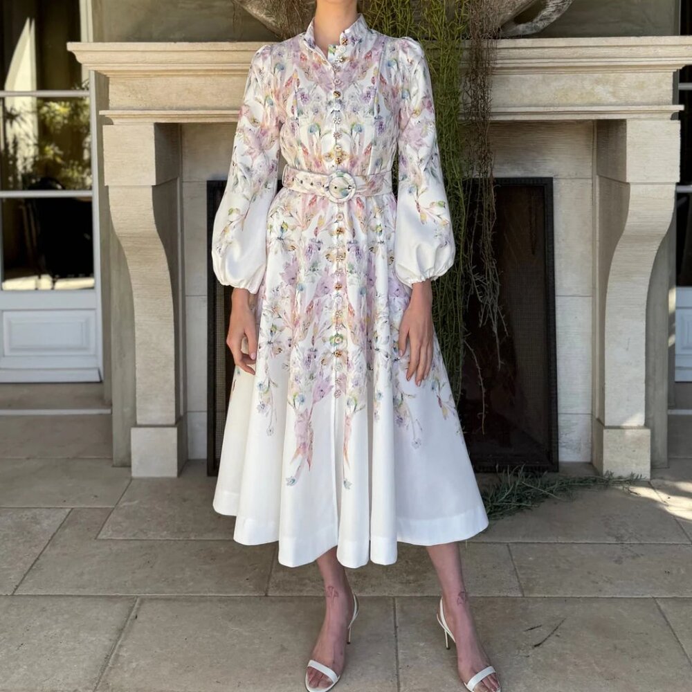 Floral Embroidered White Midi Dress with Belt